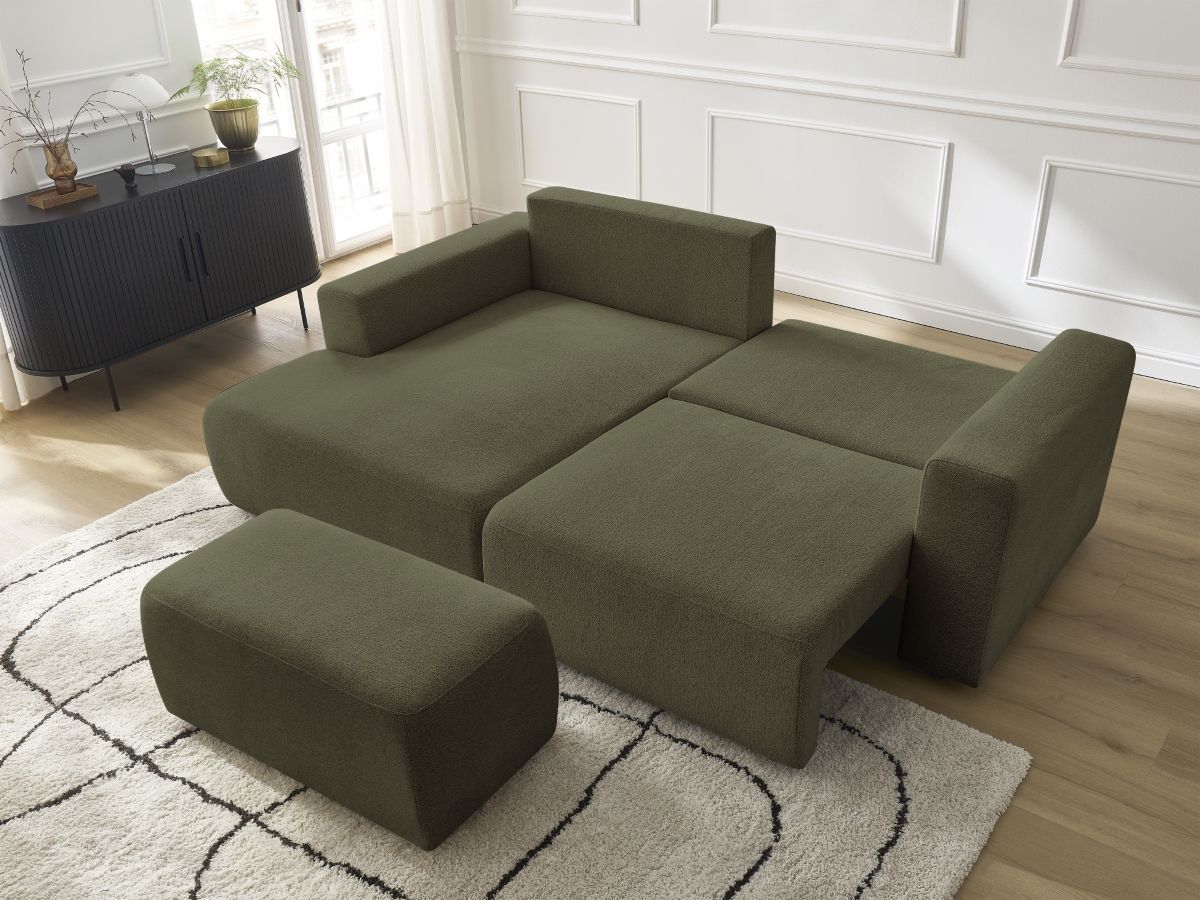 Canapé d'angle convertible coffre ATILLA tissu chiné avec pouf