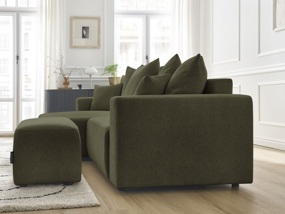 Canapé d'angle convertible coffre ATILLA tissu chiné avec pouf