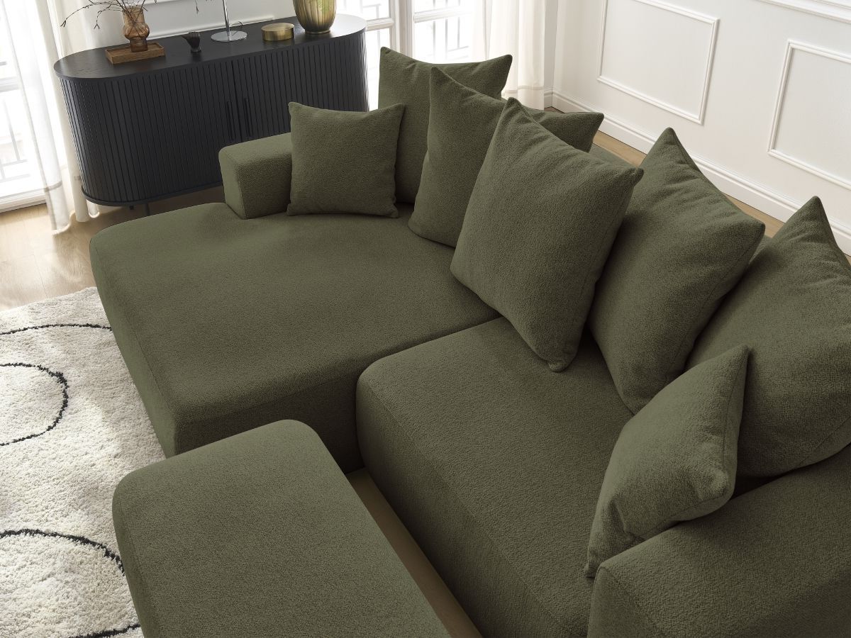 Canapé d'angle convertible coffre ATILLA tissu chiné avec pouf