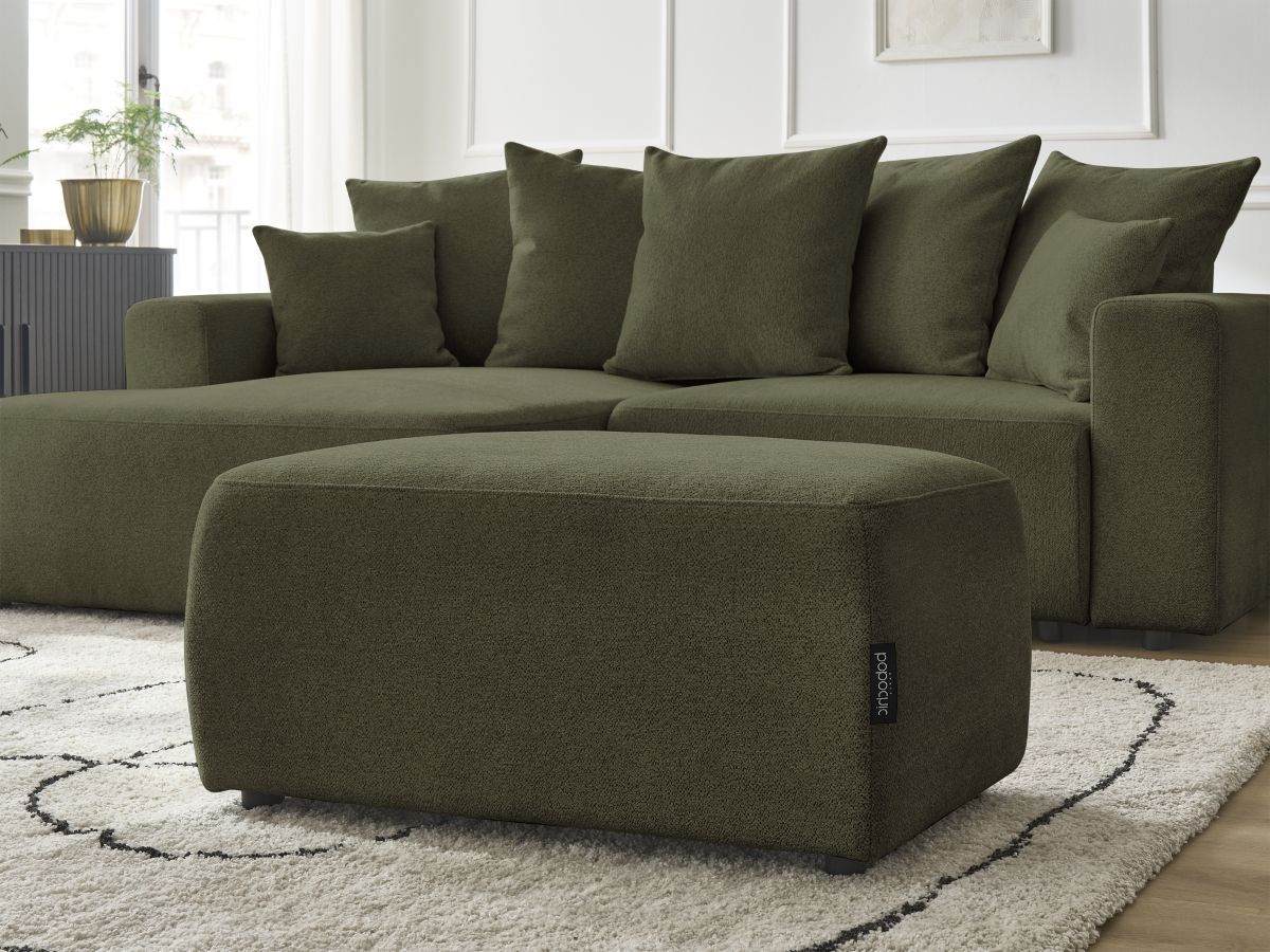 Canapé d'angle convertible coffre ATILLA tissu chiné avec pouf