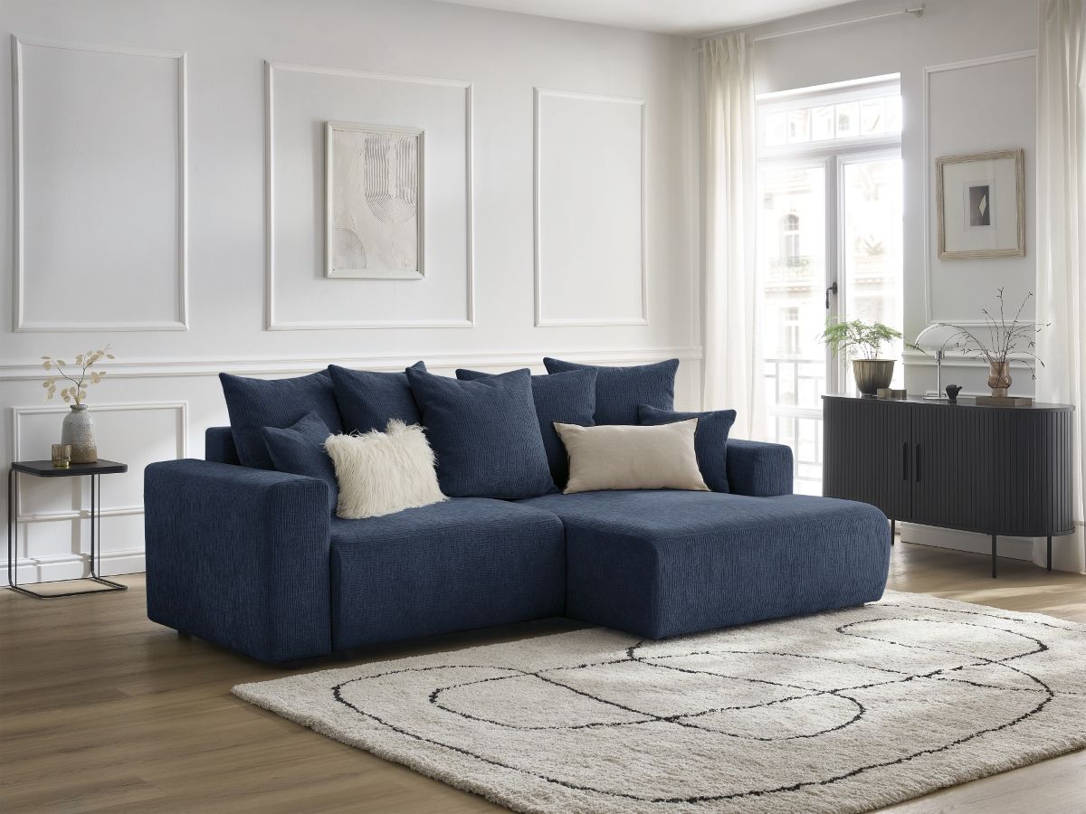 Canapé d'angle convertible coffre ATILLA texturé bleu foncé