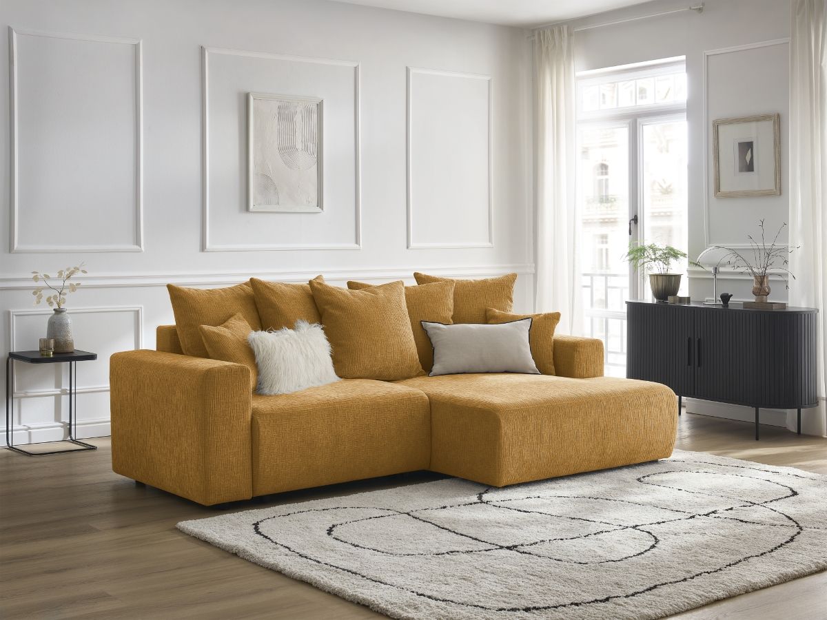 Canapé d'angle convertible coffre ATILLA texturé jaune