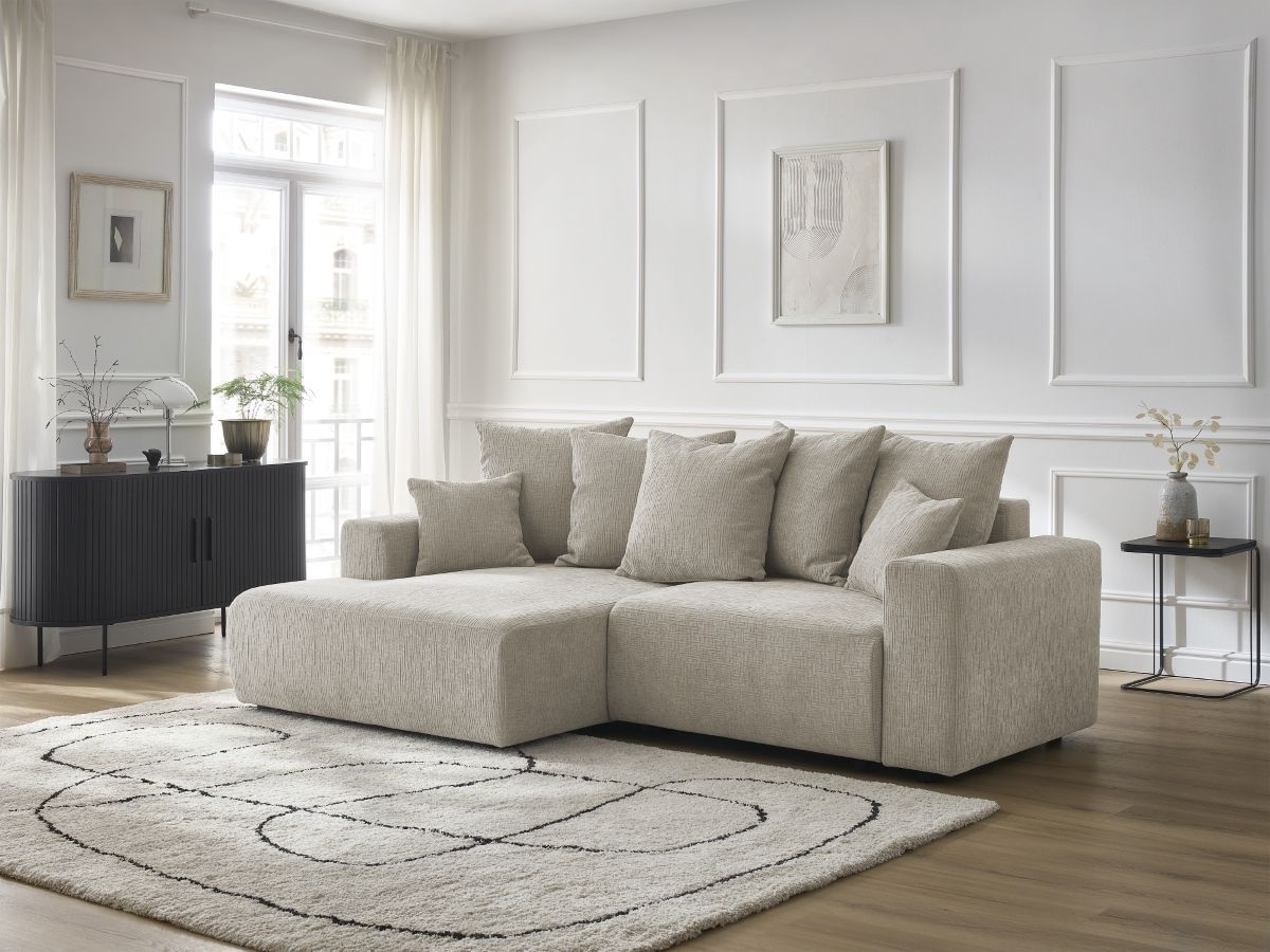 Canapé d'angle convertible coffre ATILLA tissu texturé beige angle gauche BOBOCHIC 4 places - Vue supplémentaire 3