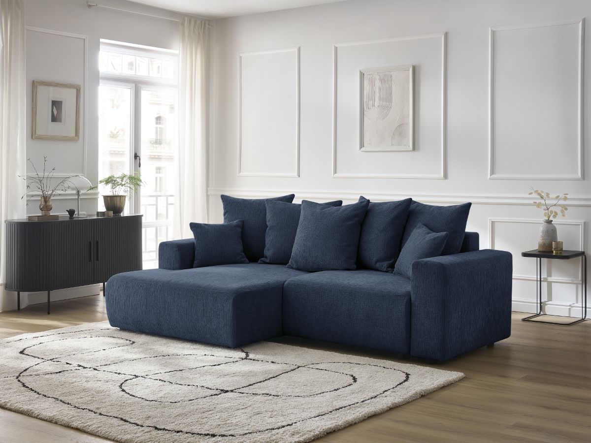 Canapé d'angle convertible coffre ATILLA tissu texturé bleu foncé angle gauche BOBOCHIC 4 places - Vue supplémentaire 3