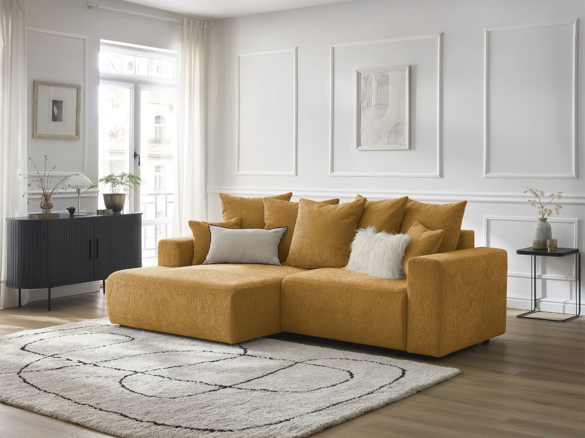 Canapé d'angle convertible coffre ATILLA tissu texturé jaune  angle gauche BOBOCHIC 4 places