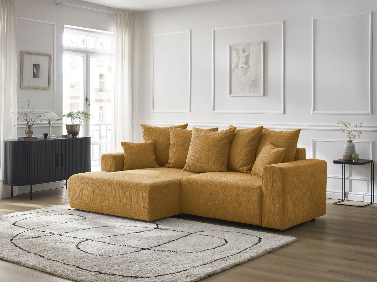 Canapé d'angle convertible coffre ATILLA tissu texturé jaune angle gauche BOBOCHIC 4 places - Vue supplémentaire 3