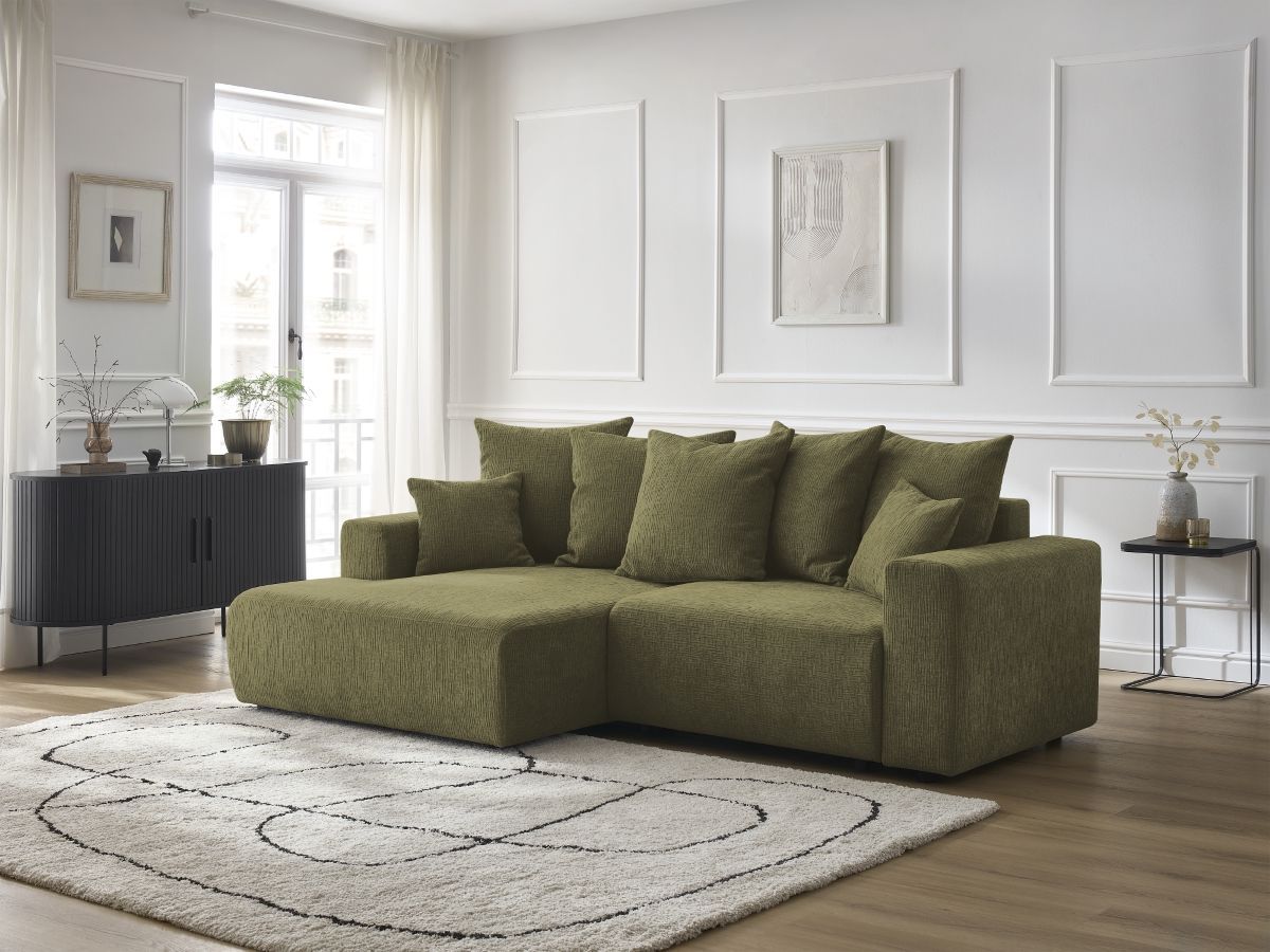 Canapé d'angle convertible coffre ATILLA tissu texturé vert angle gauche BOBOCHIC 4 places - Vue supplémentaire 3