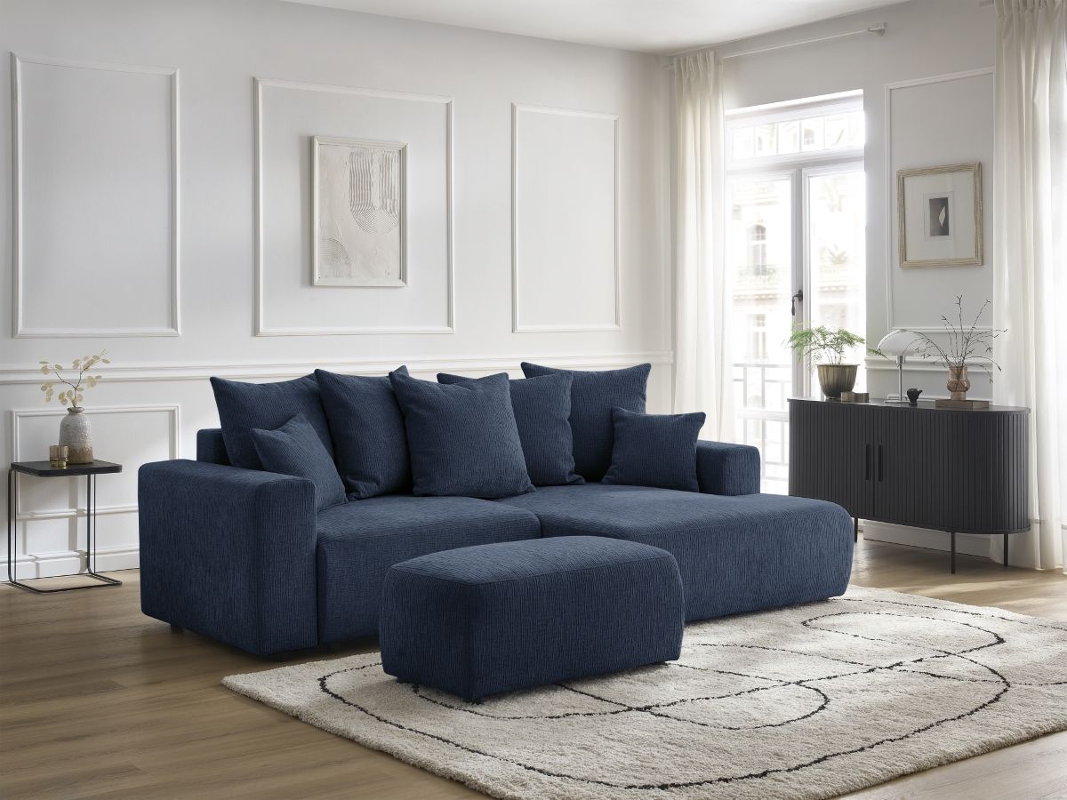 Canapé d'angle convertible coffre ATILLA tissu texturé avec pouf bleu foncé  angle droit BOBOCHIC 5 places - Vue supplémentaire 3