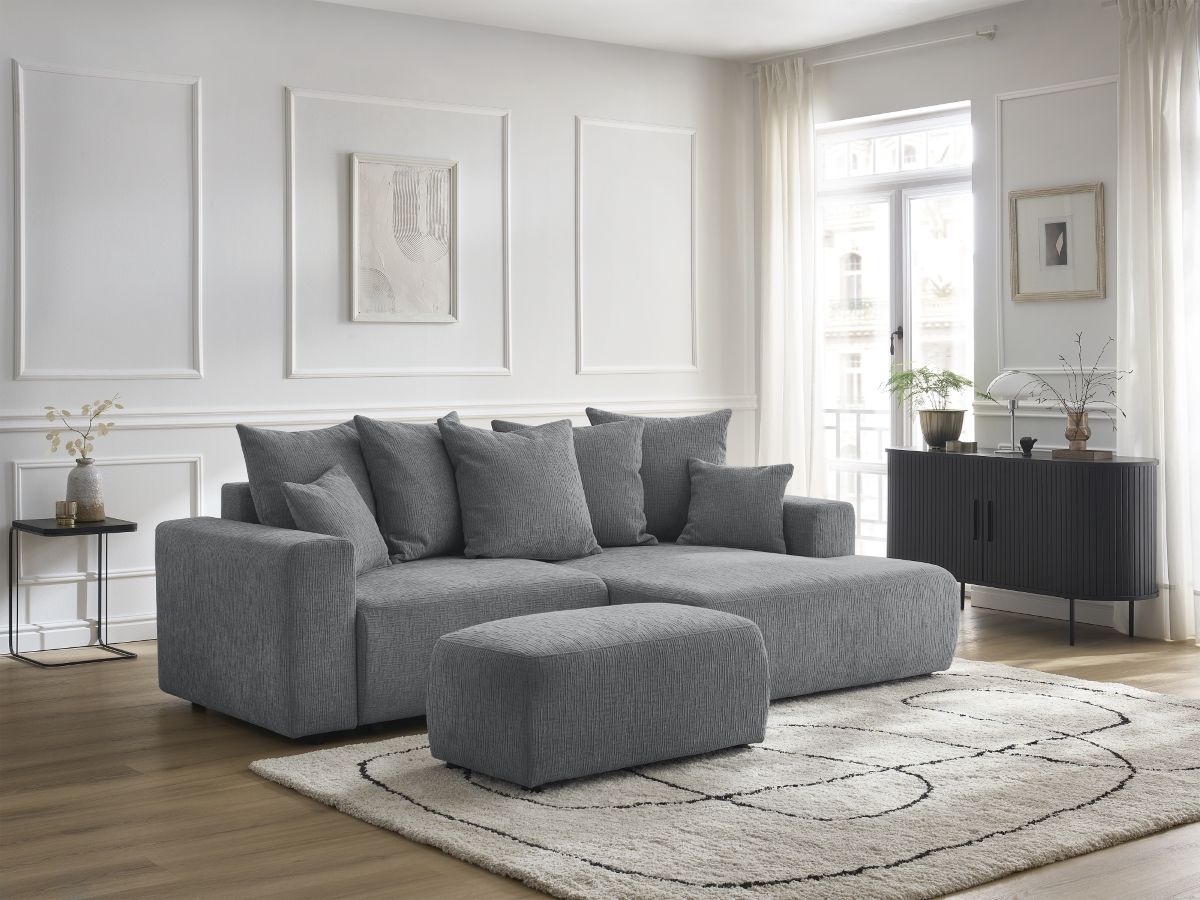 Canapé d'angle convertible coffre ATILLA texturé avec pouf gris foncé — vue 5