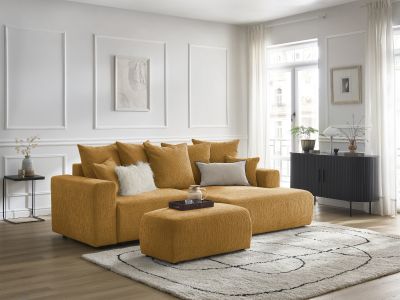 Canapé d'angle convertible coffre ATILLA tissu texturé avec pouf