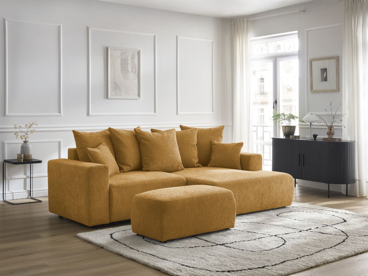 Canapé d'angle convertible coffre ATILLA texturé avec pouf jaune — vue 5