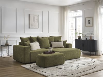 Canapé d'angle convertible coffre ATILLA tissu texturé avec pouf