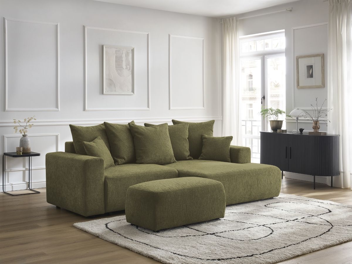Canapé d'angle convertible coffre ATILLA texturé avec pouf vert — vue 5