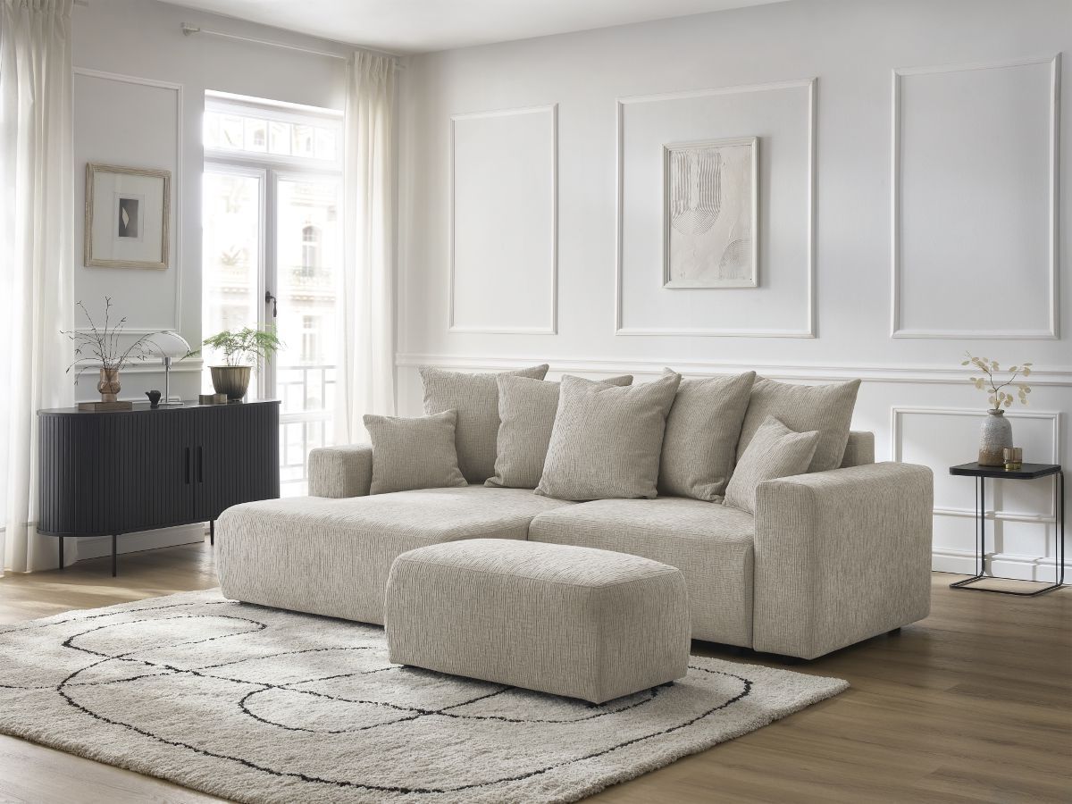 Canapé d'angle convertible coffre ATILLA tissu texturé avec pouf beige angle gauche BOBOCHIC 5 places - Vue supplémentaire 3