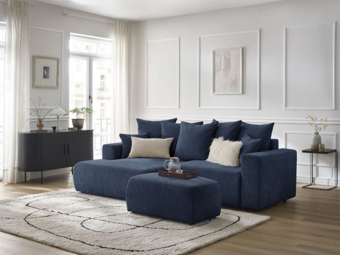 Canapé d'angle convertible coffre ATILLA tissu texturé avec pouf