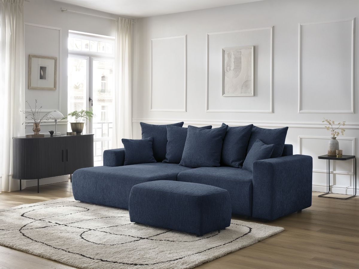 Canapé d'angle convertible coffre ATILLA tissu texturé avec pouf bleu foncé angle gauche BOBOCHIC 5 places - Vue supplémentaire 3