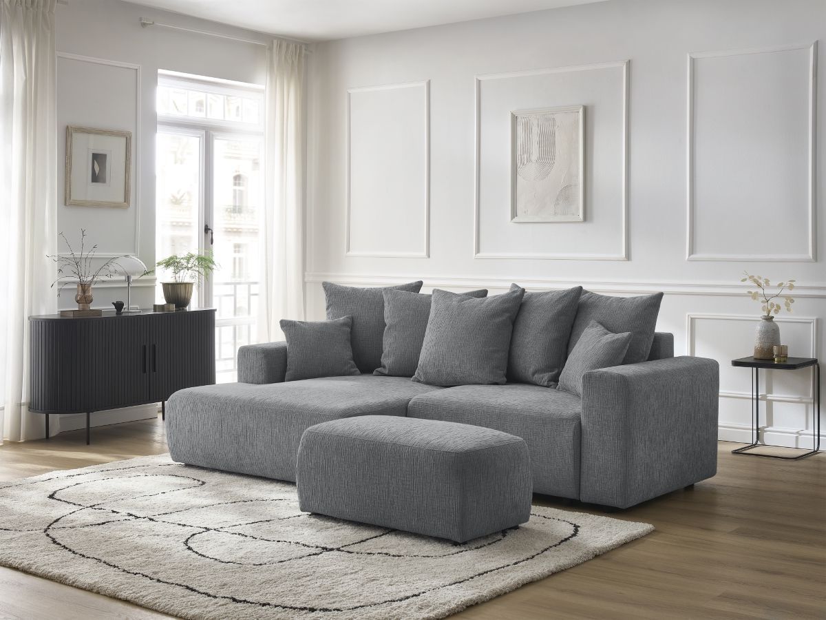 Canapé d'angle convertible coffre ATILLA tissu texturé avec pouf gris foncé angle gauche BOBOCHIC 5 places - Vue supplémentaire 3