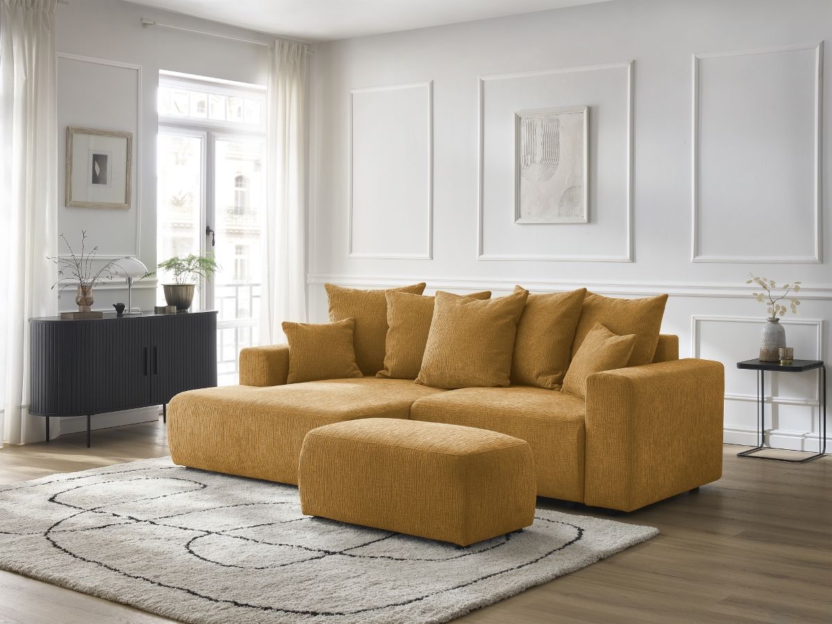 Canapé d'angle convertible coffre ATILLA tissu texturé avec pouf jaune angle gauche BOBOCHIC 5 places - Vue supplémentaire 3