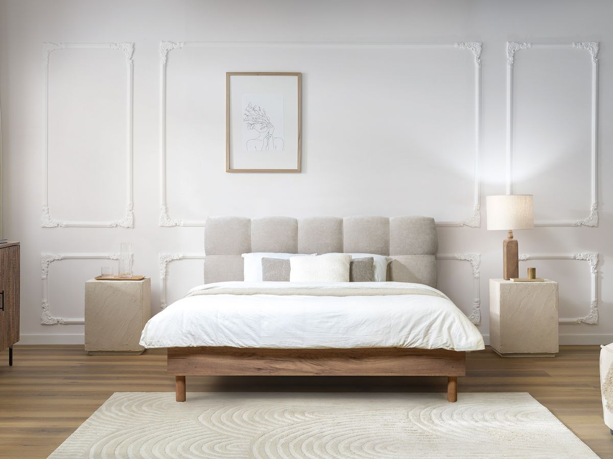 KUMO bed met massieve lattenbodem en poten van natuurlijk hout