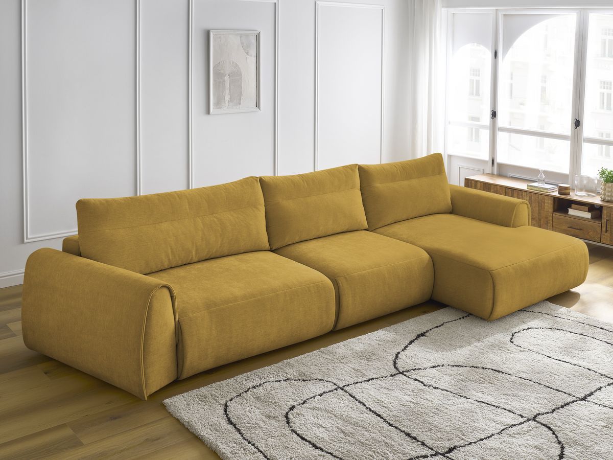 Canapé d'angle fixe EVEREST tissu chiné - Orange - Angle droit - 10 coussins