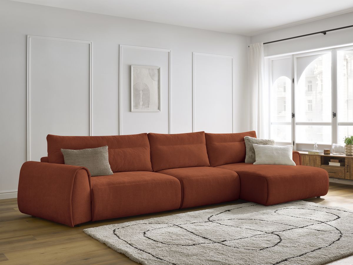 Canapé d'angle fixe EVEREST tissu chiné - Orange - Angle droit - 10 coussins