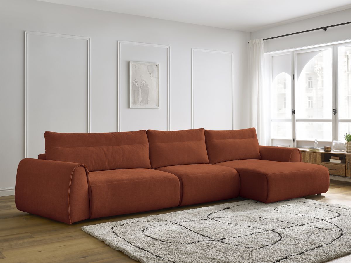 Canapé d'angle fixe EVEREST tissu chiné - Orange - Angle droit - 10 coussins