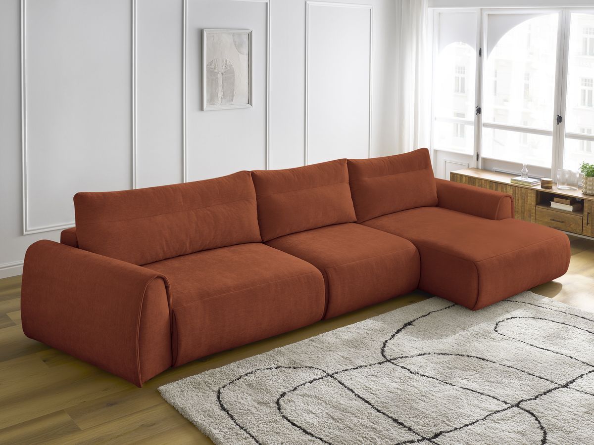 Canapé d'angle fixe EVEREST tissu chiné - Orange - Angle droit - 10 coussins