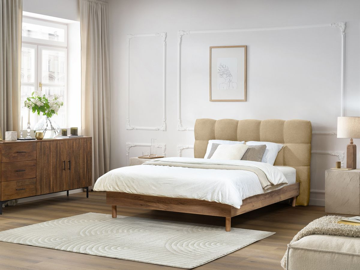 Lit KUMO tissu lisse lattes massives pieds en bois naturel