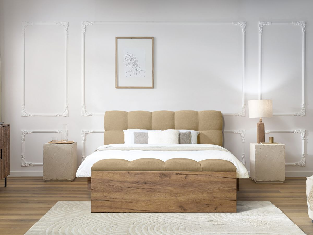 Lit KUMO tissu lisse lattes massives pieds en bois naturel + Bout de lit KUMO tissu lisse