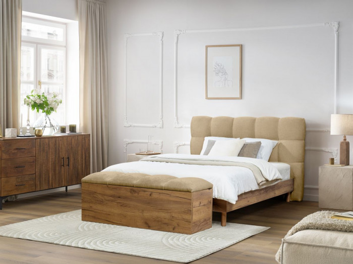 Lit KUMO tissu lisse lattes massives pieds en bois naturel + Bout de lit KUMO tissu lisse