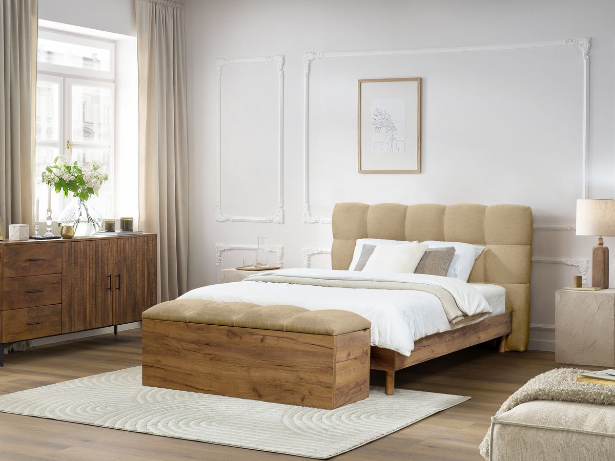 Lit KUMO lisse lattes massives pieds en bois naturel + Bout de lit KUMO lisse beige