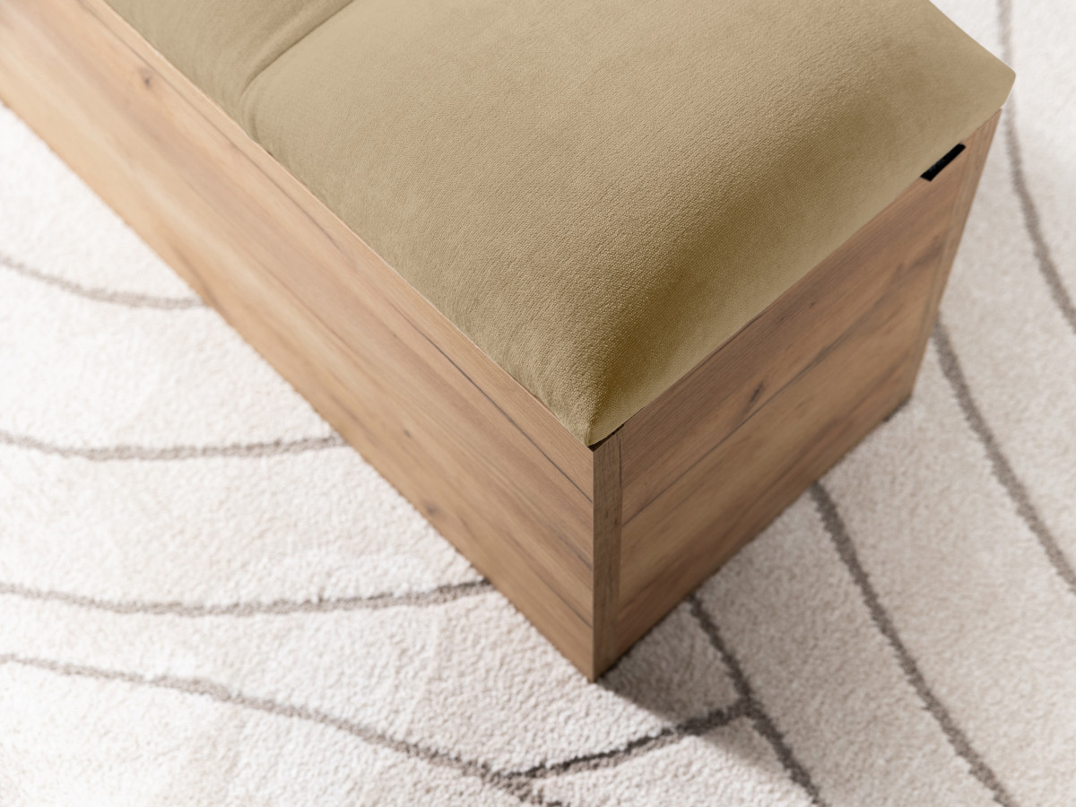 Lit KUMO tissu lisse lattes massives pieds en bois naturel + Bout de lit KUMO tissu lisse