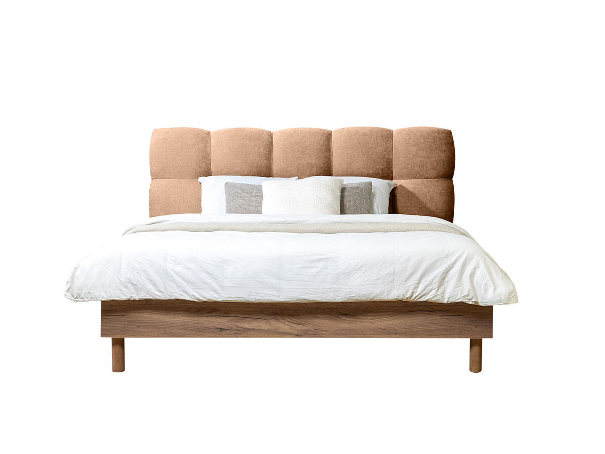 lit kumo tissu lisse lattes massives pieds en bois naturel de couleur rose