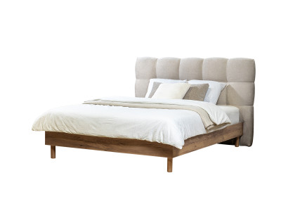 Lit KUMO tissu lisse lattes massives pieds en bois naturel