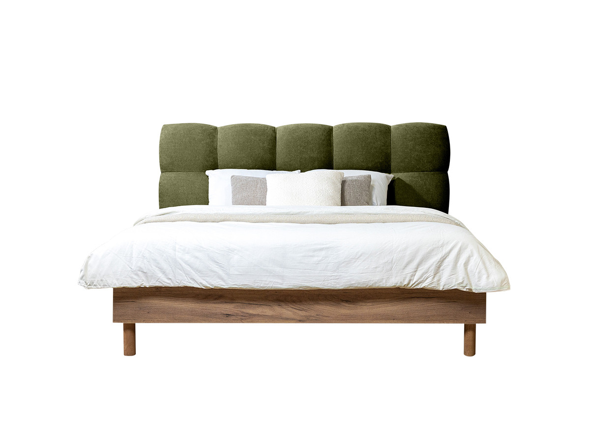 Lit KUMO tissu lisse lattes massives pieds en bois naturel + Bout de lit KUMO tissu lisse