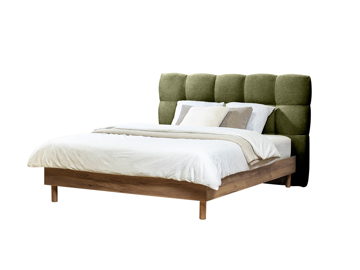 Lit KUMO tissu lisse lattes massives pieds en bois naturel + Bout de lit KUMO tissu lisse