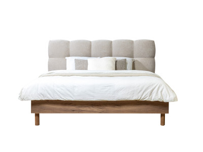Lit KUMO tissu lisse lattes massives pieds en bois naturel + Bout de lit KUMO tissu lisse