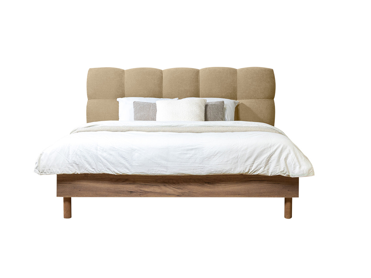 KUMO bed met massieve lattenbodem en poten van natuurlijk hout + KUMO bedeinde