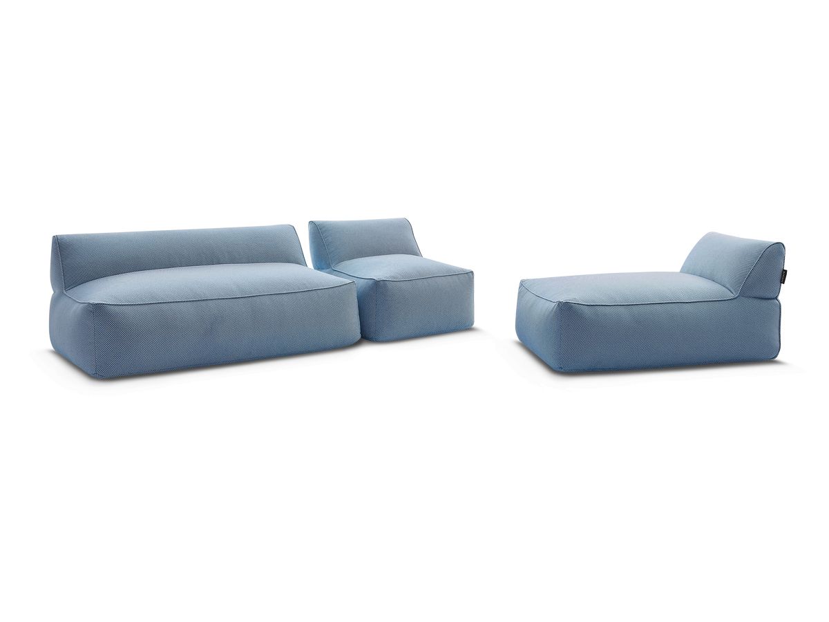 Modulaire tuinbank RIVIERA in gemêleerde stof met 1 eenpersoonsfauteuil, 1 tweepersoonsfauteuil en 1 chaise longue