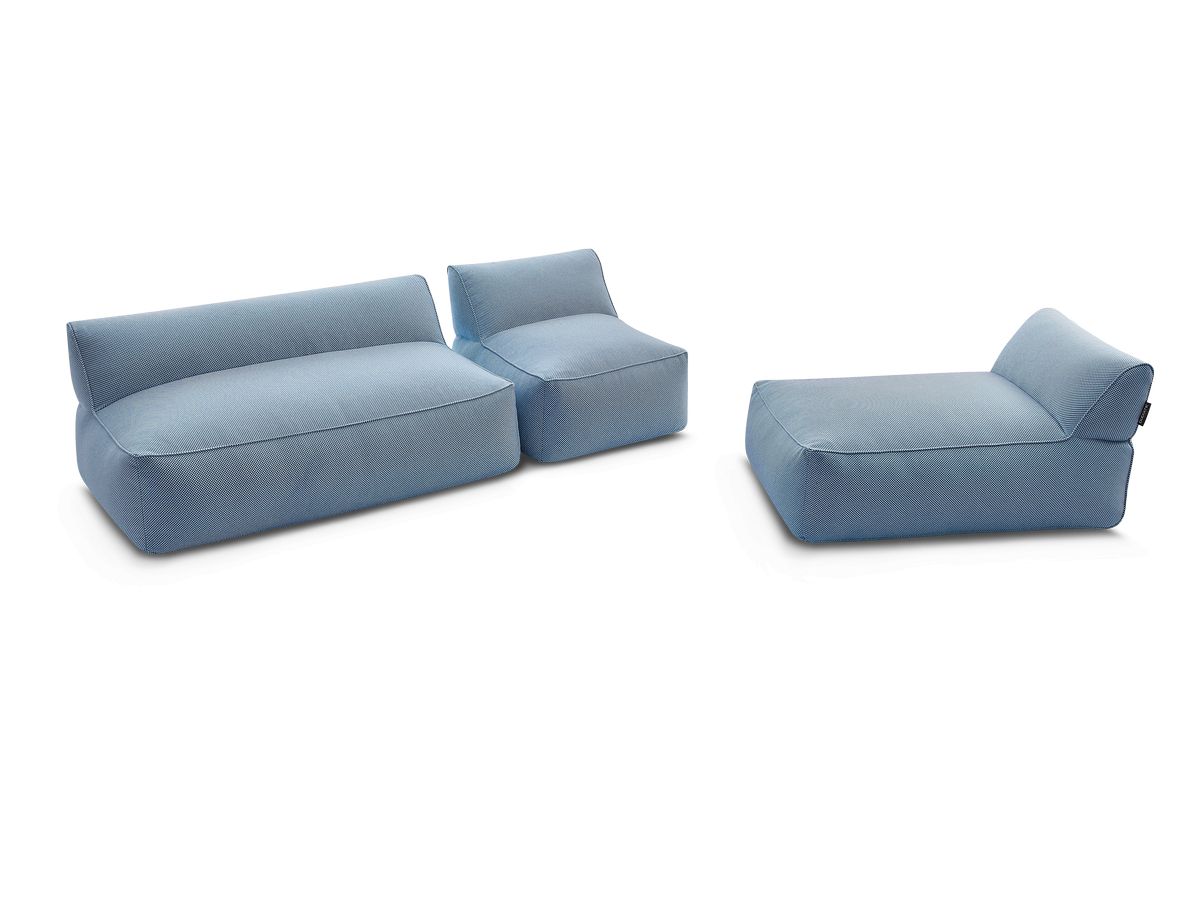 Modulaire tuinbank RIVIERA in gemêleerde stof met 1 eenpersoonsfauteuil, 1 tweepersoonsfauteuil en 1 chaise longue