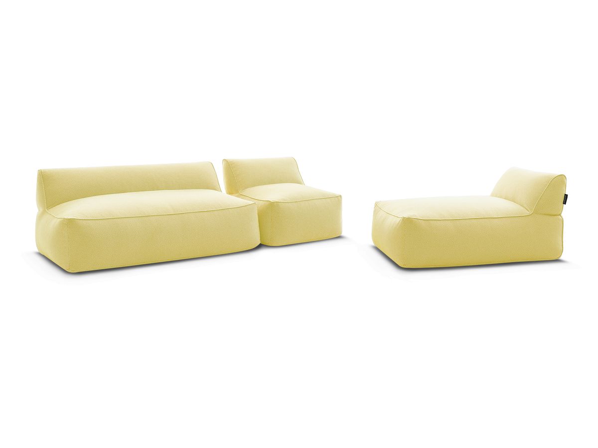 Modulaire tuinbank RIVIERA in gemêleerde stof met 1 eenpersoonsfauteuil, 1 tweepersoonsfauteuil en 1 chaise longue