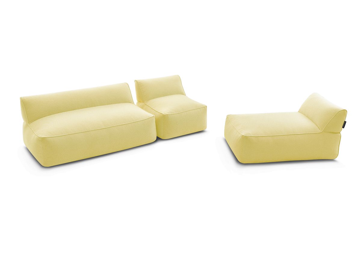 Modulaire tuinbank RIVIERA in gemêleerde stof met 1 eenpersoonsfauteuil, 1 tweepersoonsfauteuil en 1 chaise longue