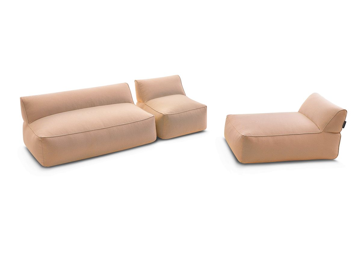 Modulaire tuinbank RIVIERA in gemêleerde stof met 1 eenpersoonsfauteuil, 1 tweepersoonsfauteuil en 1 chaise longue
