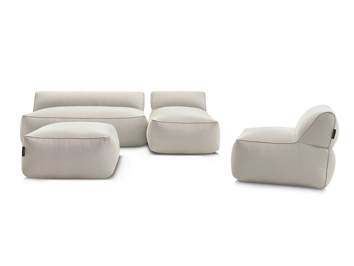 canapé de jardin modulable riviera tissu chiné avec 1 chauffeuse 1 place, 1 chauffeuse 2 places, 1 méridienne et 1 pouf de couleur beige