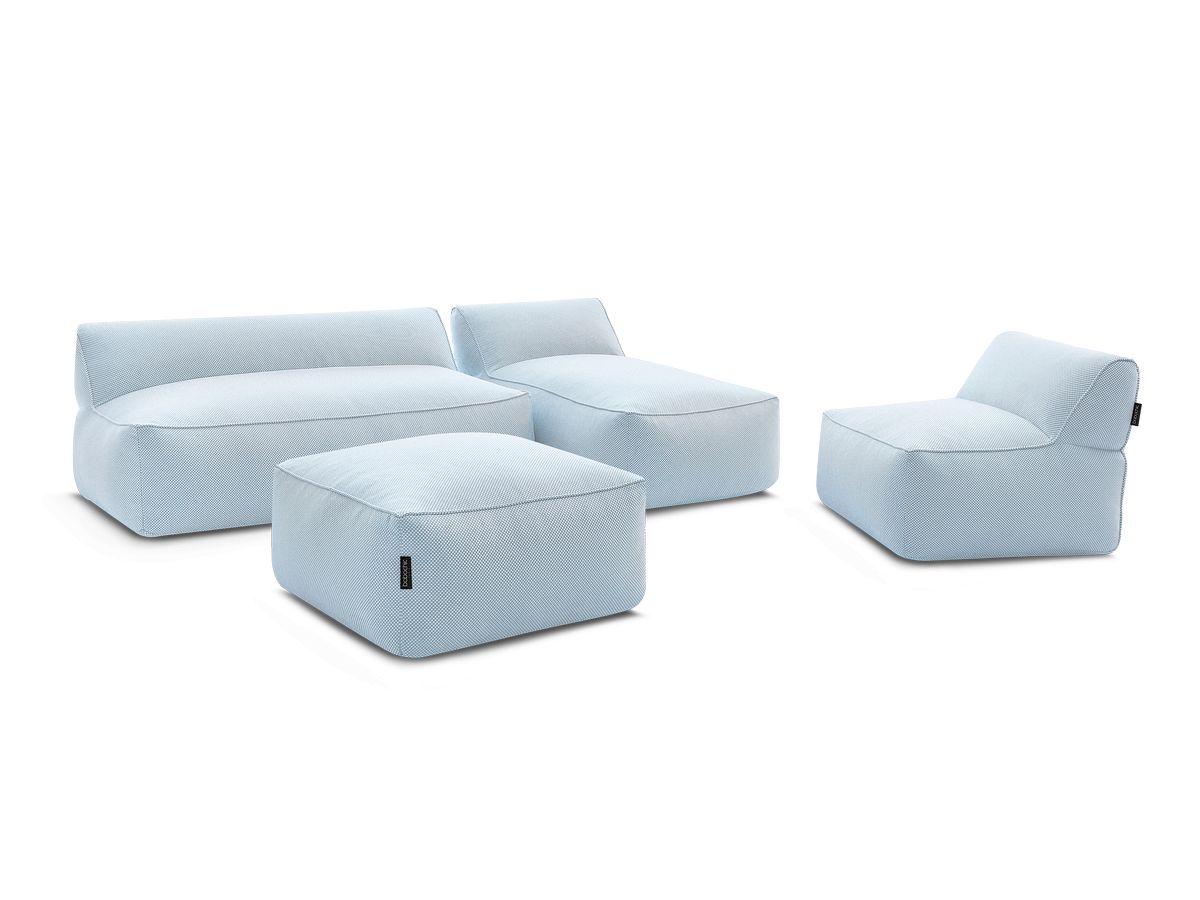 Canapé de jardin modulable RIVIERA tissu chiné avec 1 chauffeuse 1 place, 1 chauffeuse 2 places, 1 méridienne bleu clair   BOBOCHIC