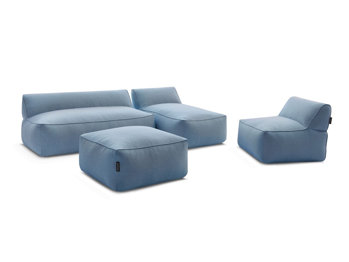 Modulaire tuinbank RIVIERA in gemêleerde stof met 1 eenpersoonsfauteuil, 1 tweepersoonsfauteuil, 1 chaise longue en 1 poef