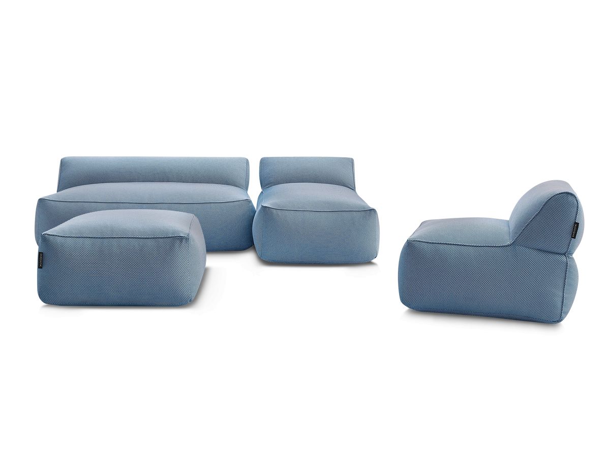 Modulaire tuinbank RIVIERA in gemêleerde stof met 1 eenpersoonsfauteuil, 1 tweepersoonsfauteuil, 1 chaise longue en 1 poef