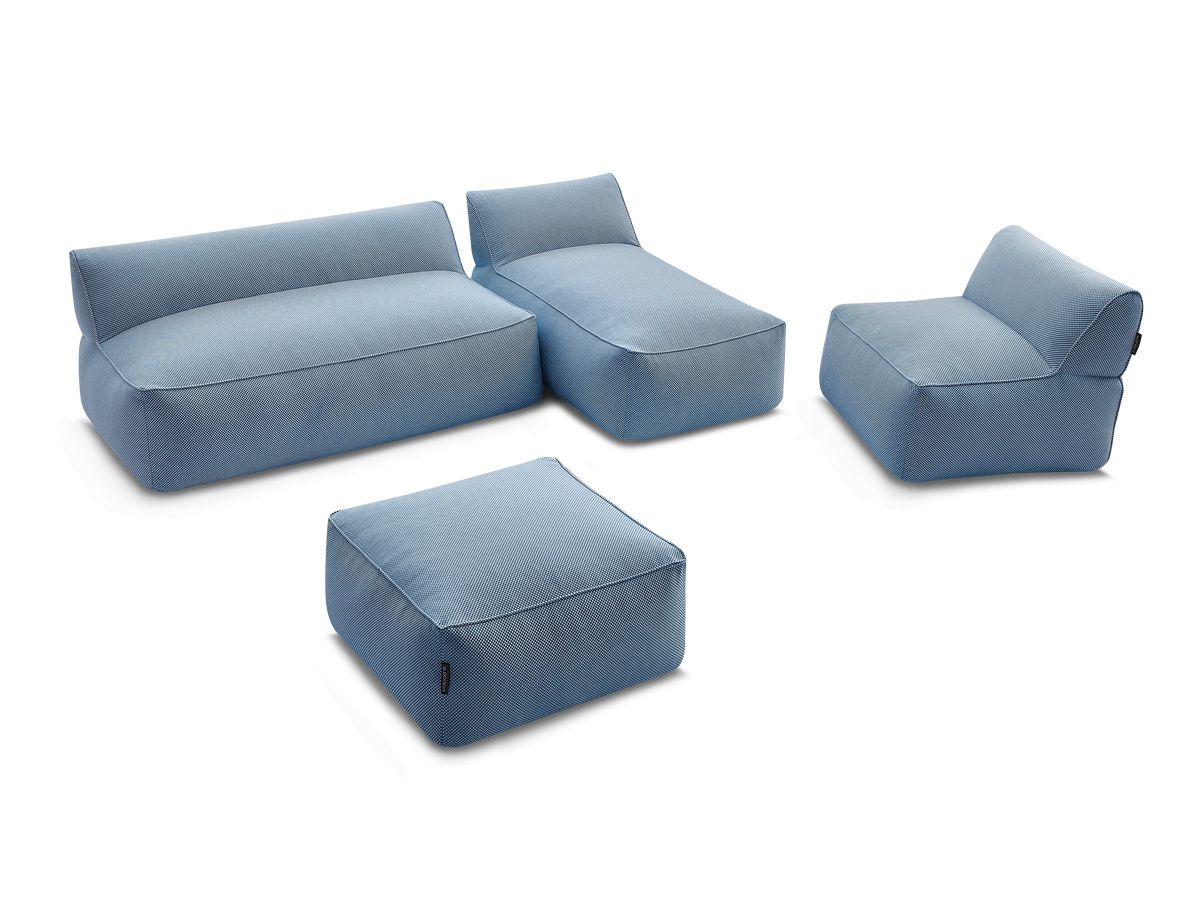 Modulaire tuinbank RIVIERA in gemêleerde stof met 1 eenpersoonsfauteuil, 1 tweepersoonsfauteuil, 1 chaise longue en 1 poef