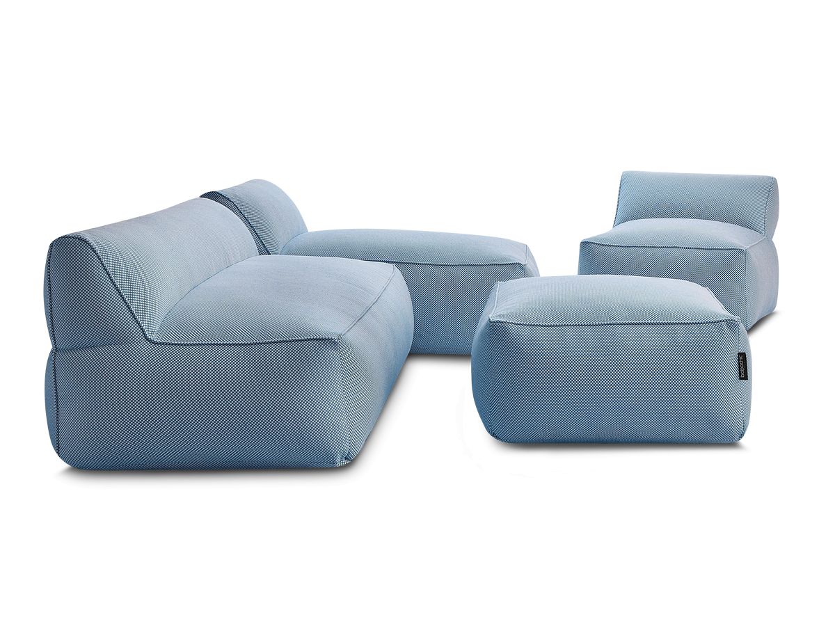 Modulaire tuinbank RIVIERA in gemêleerde stof met 1 eenpersoonsfauteuil, 1 tweepersoonsfauteuil, 1 chaise longue en 1 poef