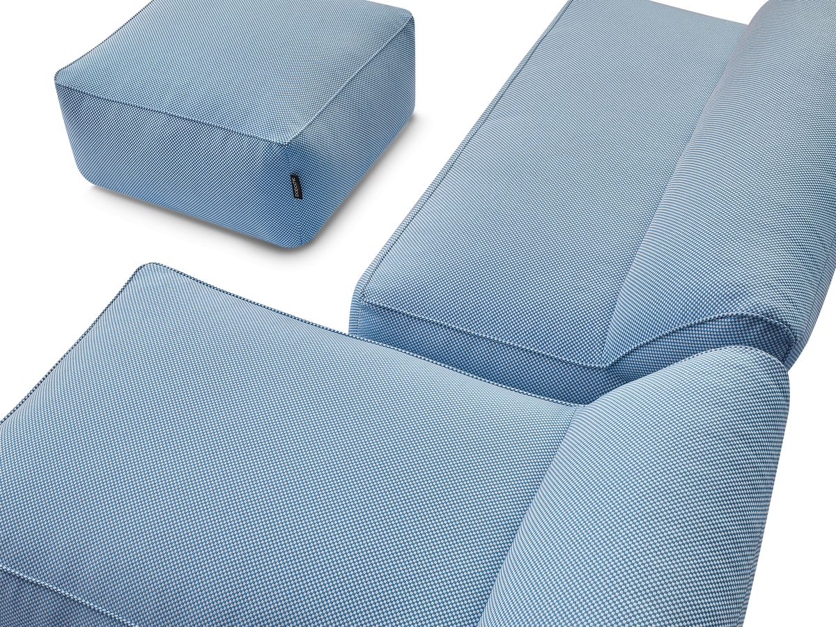 Modulaire tuinbank RIVIERA in gemêleerde stof met 1 eenpersoonsfauteuil, 1 tweepersoonsfauteuil, 1 chaise longue en 1 poef